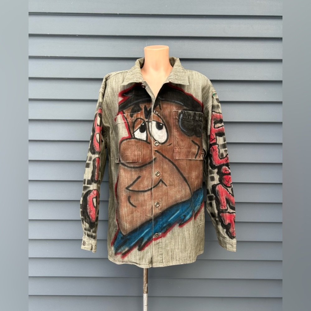 Vintage 90s Diss Jeans Flintstones 810 Flint Michigan Airbrushed Denim Jacket~3X